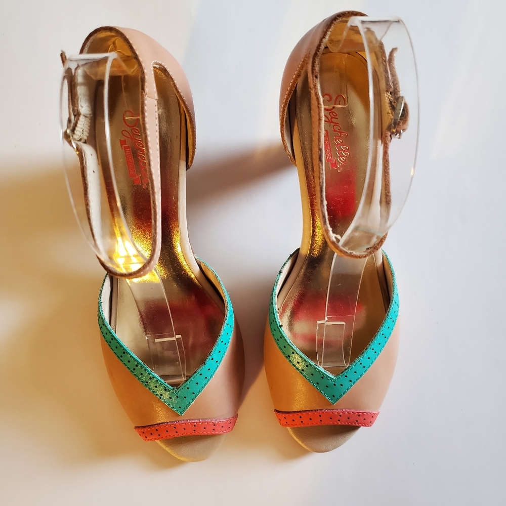 Seychelles Tan Heels with Teal and Coral Accents